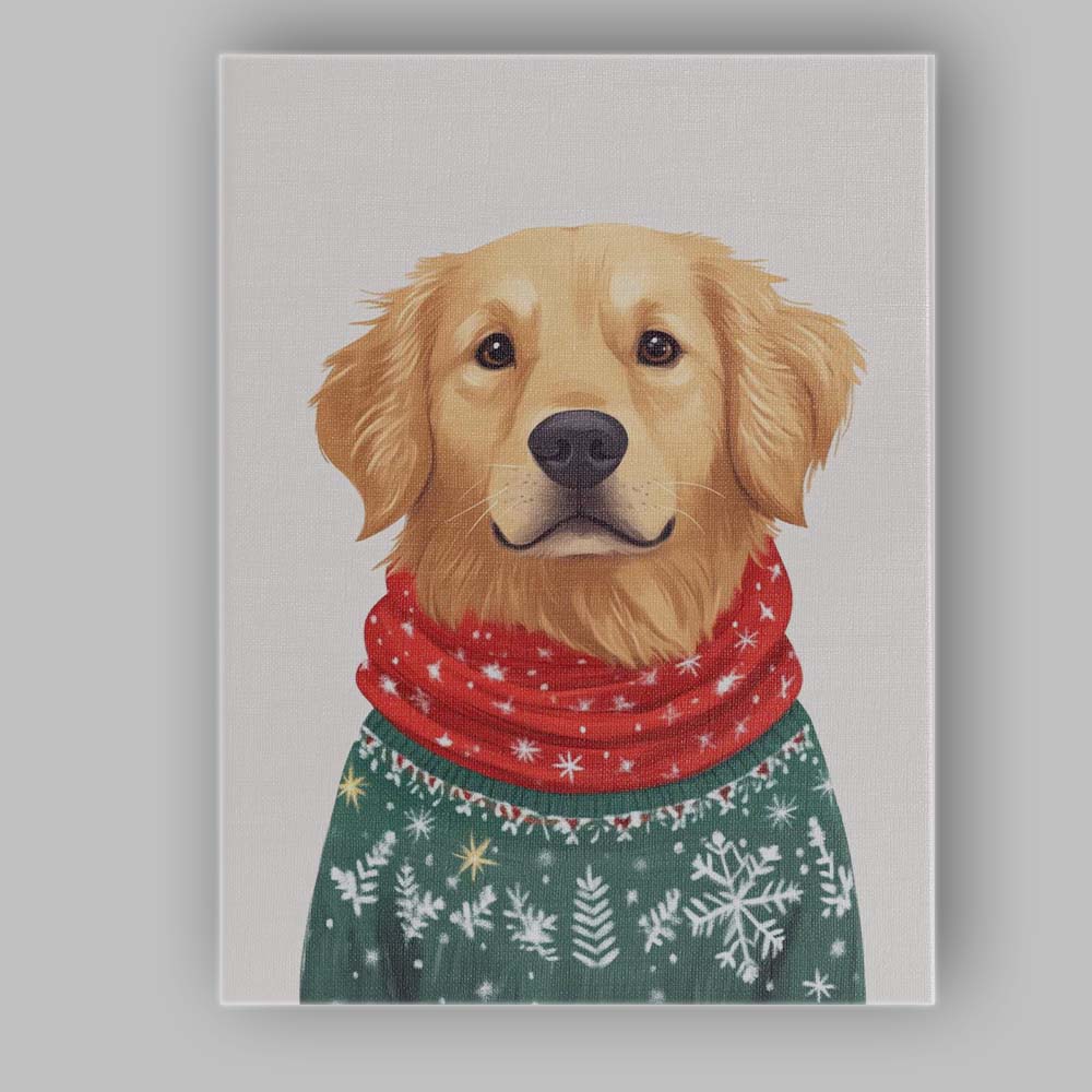 Cute Golden Retriever Christmas Jumper Red Scarf Festive Dog Portrait Canvas Wall Art Print Decor Picture Ready to Hang