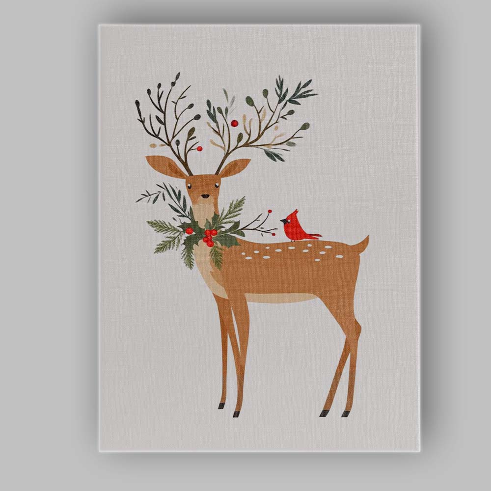 Minimalist Woodland Reindeer Holly Wreath Cardinal Bird Christmas Illustration Canvas Wall Art Print Decor Picture Ready to Hang