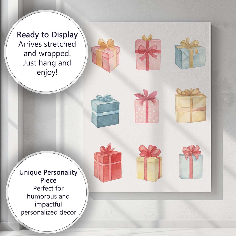 Pastel Watercolour Christmas Gift Boxes Collection Festive Present Illustration Canvas Wall Art Print Decor Picture Ready to Hang
