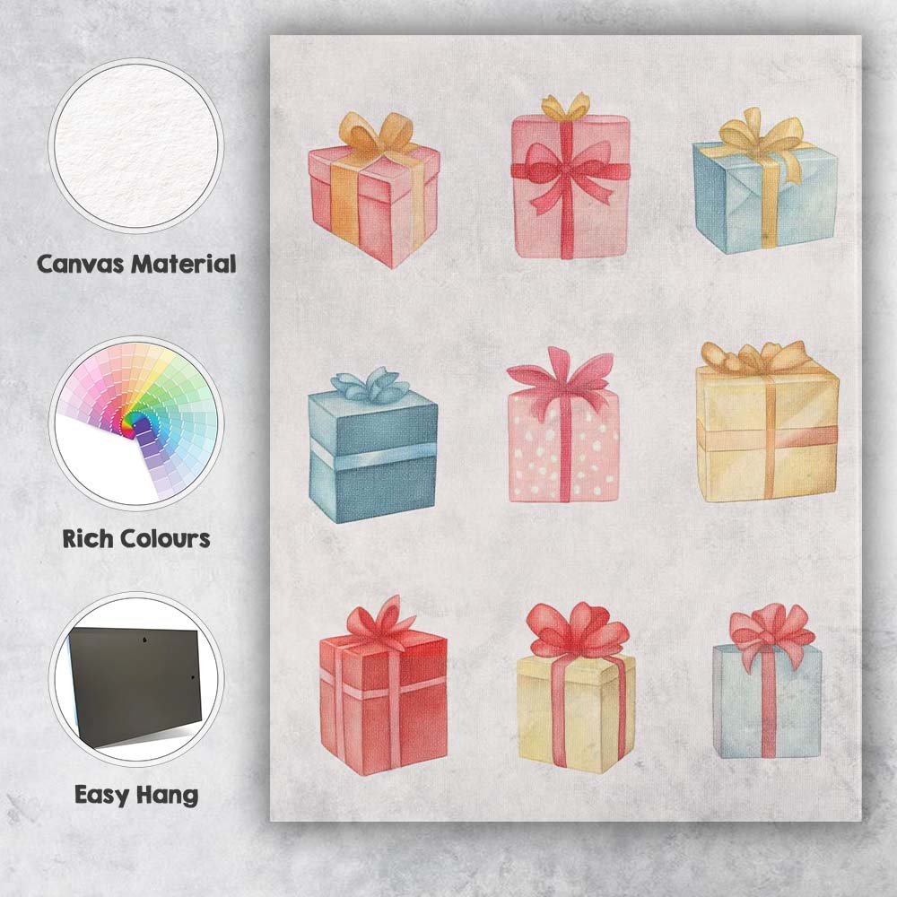 Pastel Watercolour Christmas Gift Boxes Collection Festive Present Illustration Canvas Wall Art Print Decor Picture Ready to Hang