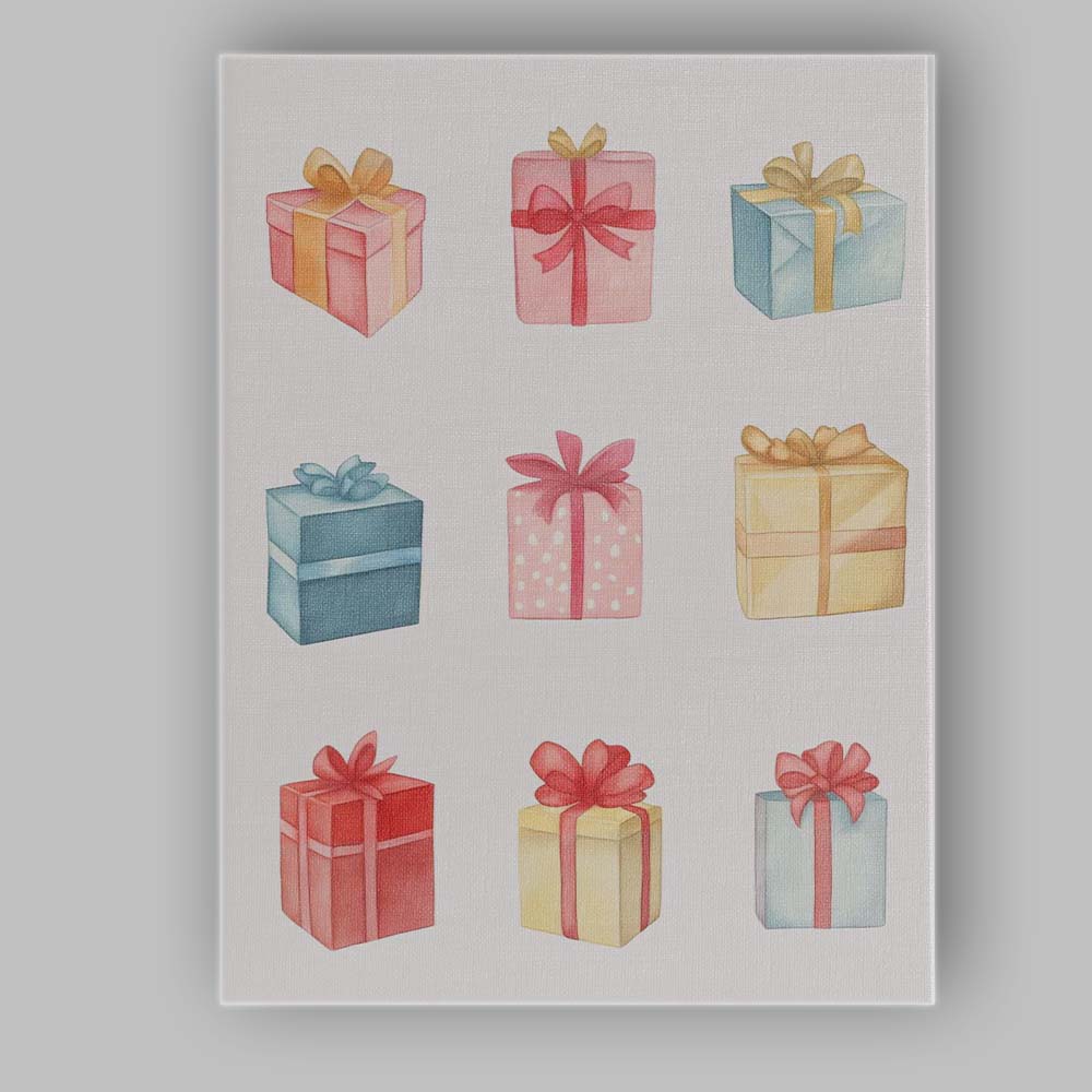 Pastel Watercolour Christmas Gift Boxes Collection Festive Present Illustration Canvas Wall Art Print Decor Picture Ready to Hang