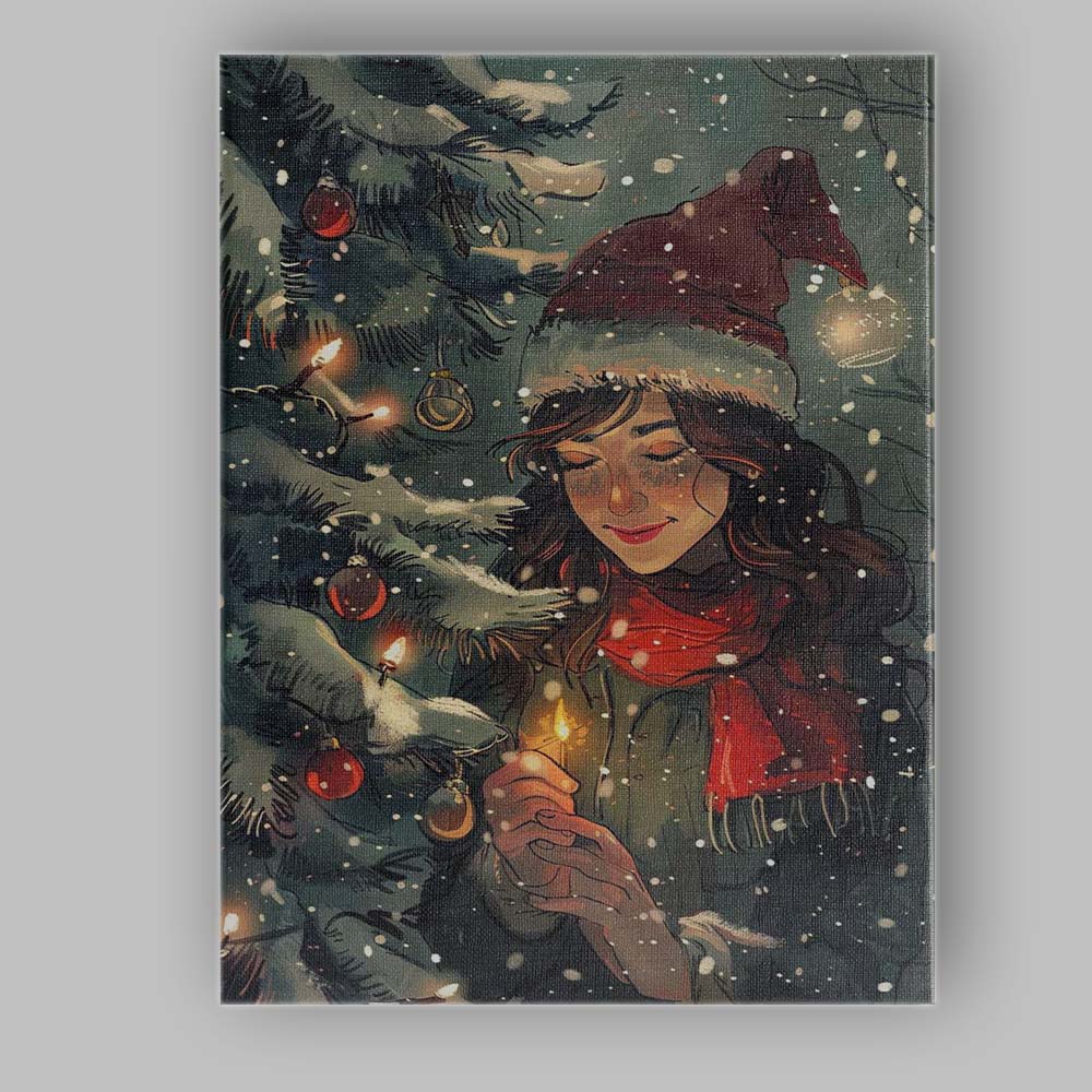 Cosy Christmas Tree Candlelight Winter Woman Festive Illustration Canvas Wall Art Print Decor Picture Ready to Hang