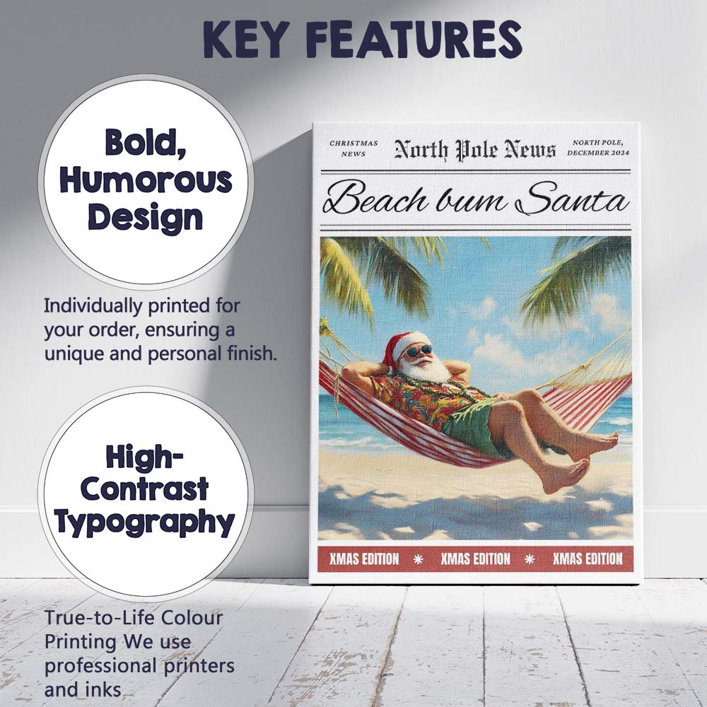 Beach Bum Santa Tropical Christmas Newspaper Style Holiday Canvas Wall Art Print Decor Picture Ready to Hang