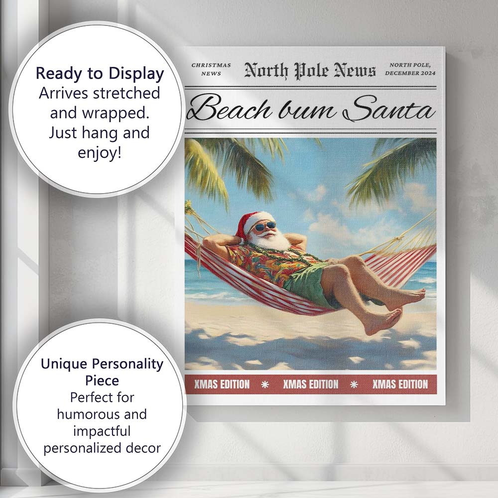 Beach Bum Santa Tropical Christmas Newspaper Style Holiday Canvas Wall Art Print Decor Picture Ready to Hang