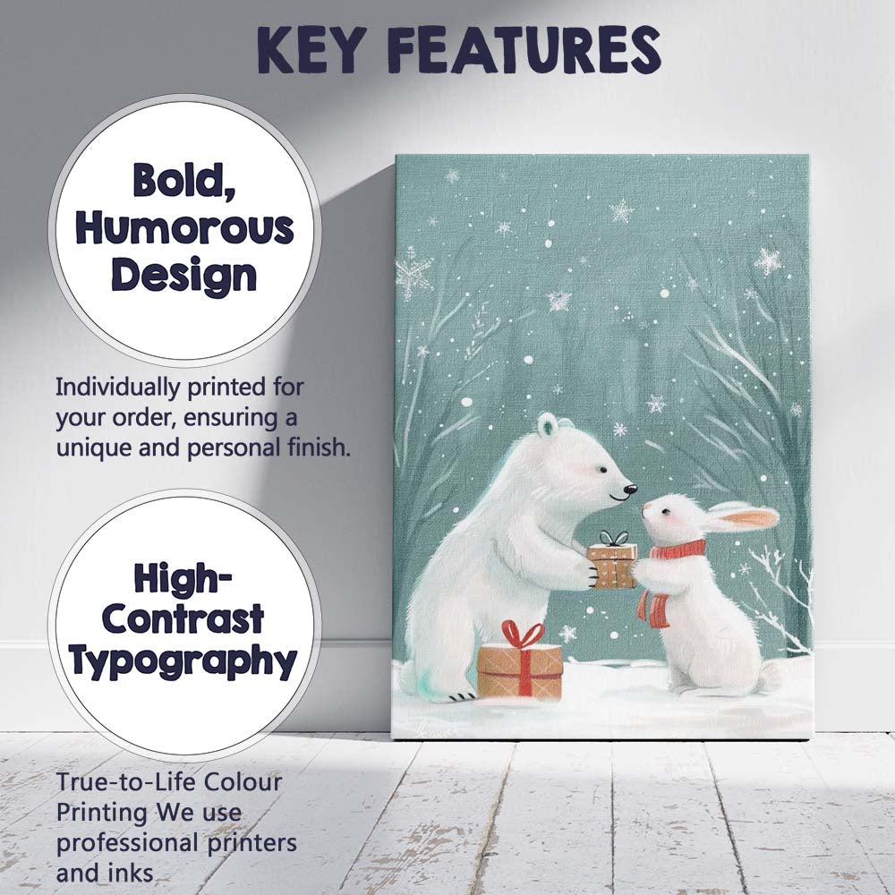 Cute Polar Bear And Bunny Christmas Gift Winter Woodland Illustration Canvas Wall Art Print Decor Picture Ready to Hang