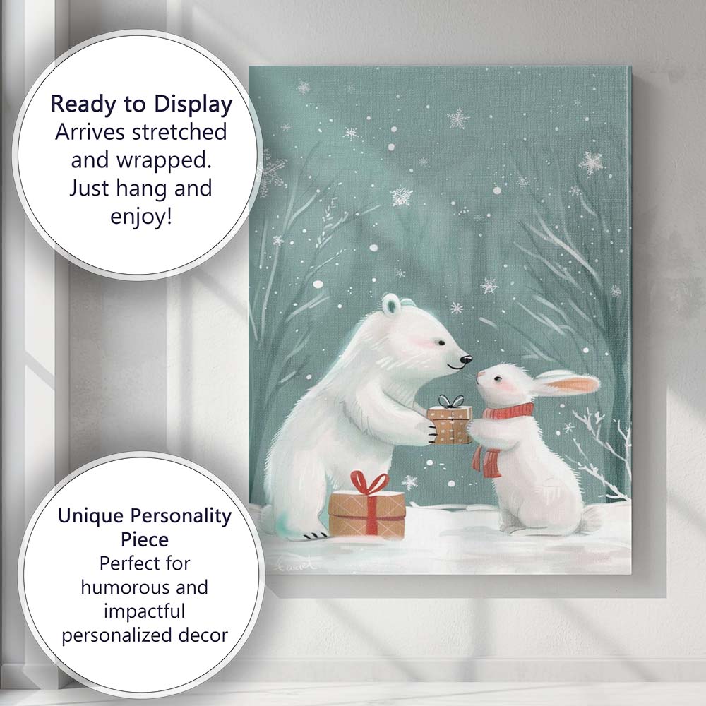 Cute Polar Bear And Bunny Christmas Gift Winter Woodland Illustration Canvas Wall Art Print Decor Picture Ready to Hang