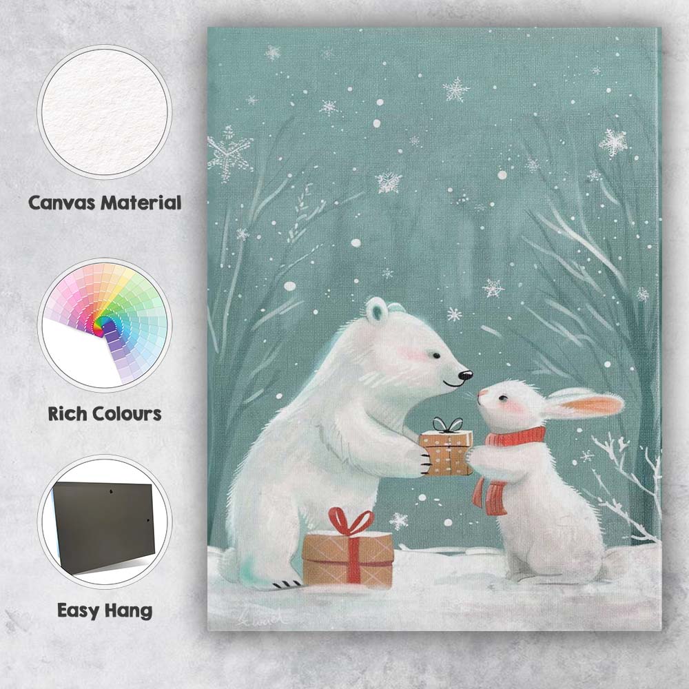 Cute Polar Bear And Bunny Christmas Gift Winter Woodland Illustration Canvas Wall Art Print Decor Picture Ready to Hang