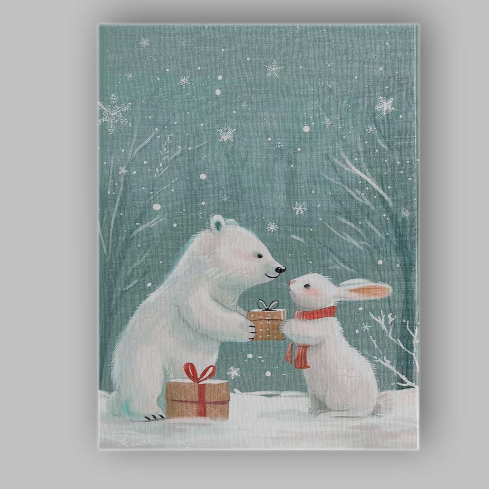 Cute Polar Bear And Bunny Christmas Gift Winter Woodland Illustration Canvas Wall Art Print Decor Picture Ready to Hang