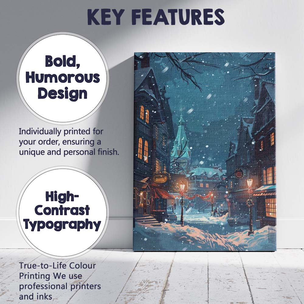 Snowy Christmas Village Night Street Festive Winter Illustration Canvas Wall Art Print Decor Picture Ready to Hang