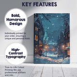 Snowy Christmas Village Night Street Festive Winter Illustration Canvas Wall Art Print Decor Picture Ready to Hang