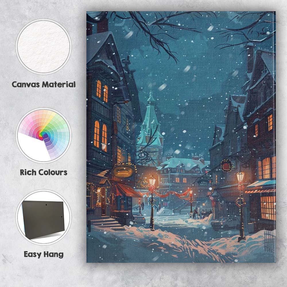 Snowy Christmas Village Night Street Festive Winter Illustration Canvas Wall Art Print Decor Picture Ready to Hang
