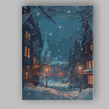Snowy Christmas Village Night Street Festive Winter Illustration Canvas Wall Art Print Decor Picture Ready to Hang