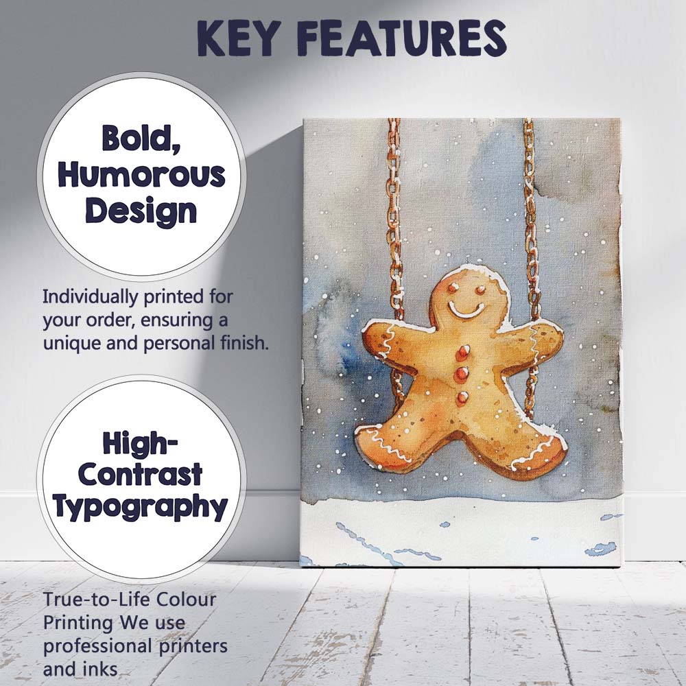 Watercolour Gingerbread Man Swing Festive Christmas Cookie Illustration Canvas Wall Art Print Decor Picture Ready to Hang