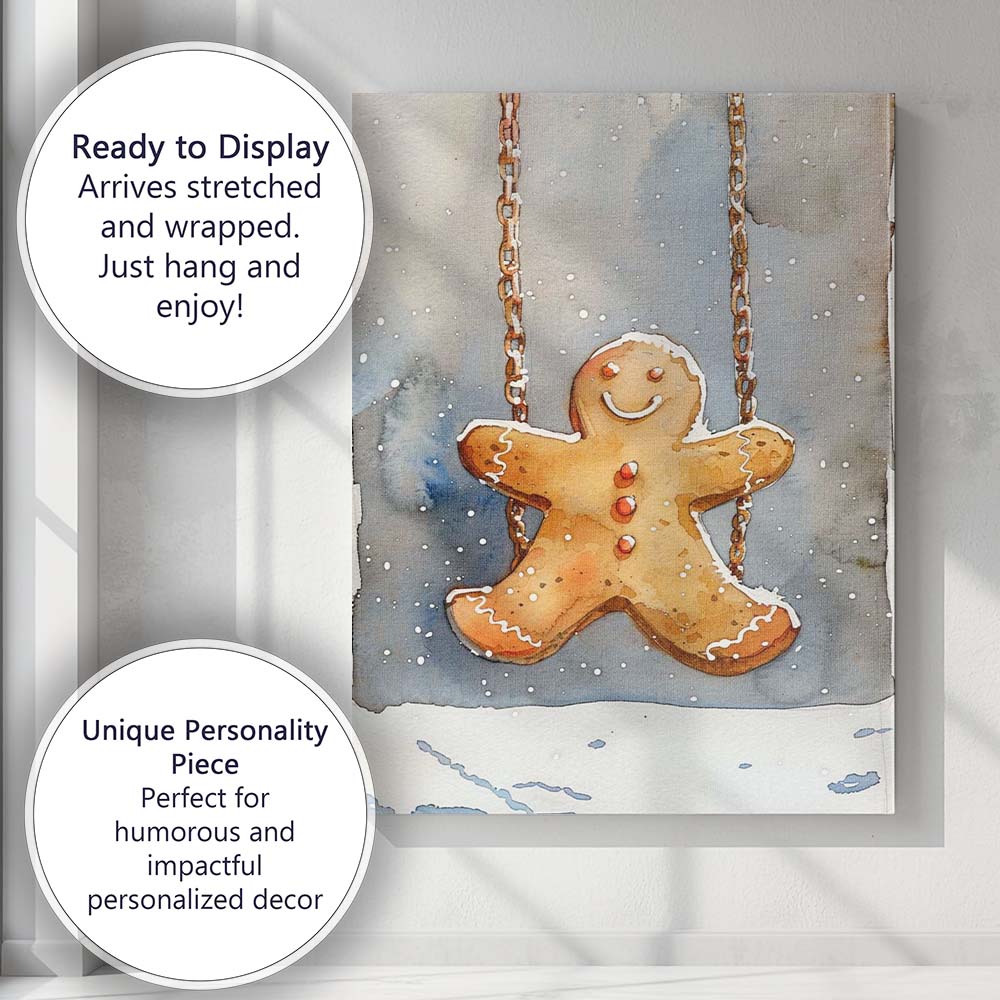 Watercolour Gingerbread Man Swing Festive Christmas Cookie Illustration Canvas Wall Art Print Decor Picture Ready to Hang