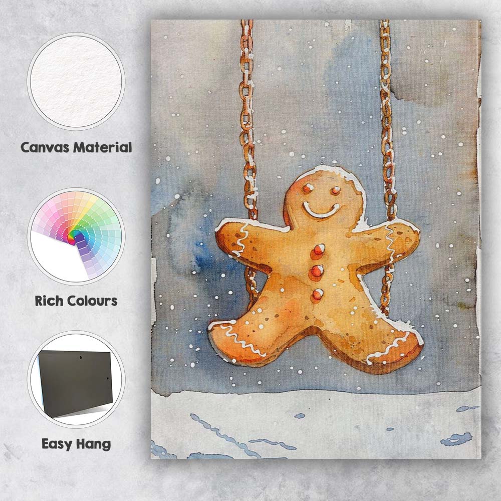 Watercolour Gingerbread Man Swing Festive Christmas Cookie Illustration Canvas Wall Art Print Decor Picture Ready to Hang