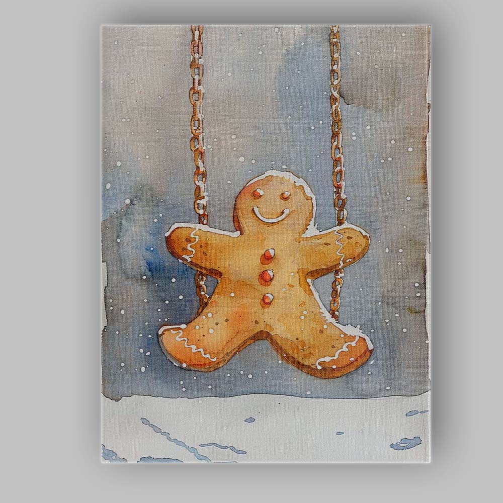 Watercolour Gingerbread Man Swing Festive Christmas Cookie Illustration Canvas Wall Art Print Decor Picture Ready to Hang