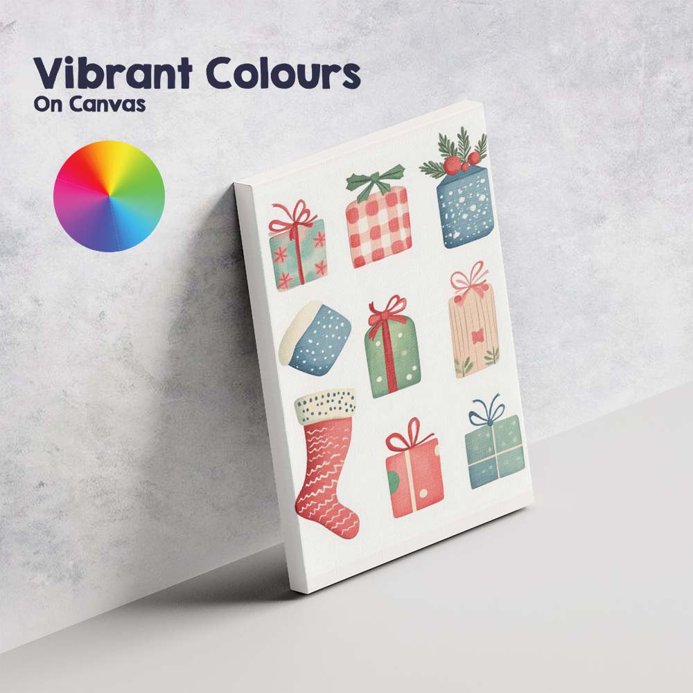 Pastel Christmas Gifts And Stocking Watercolour Festive Clipart Collection Canvas Wall Art Print Decor Picture Ready to Hang