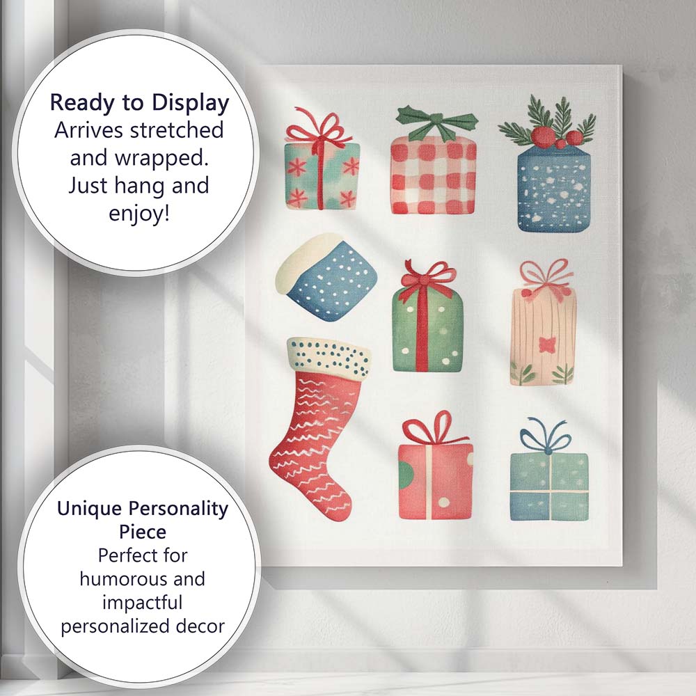 Pastel Christmas Gifts And Stocking Watercolour Festive Clipart Collection Canvas Wall Art Print Decor Picture Ready to Hang