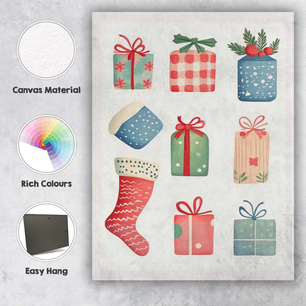 Pastel Christmas Gifts And Stocking Watercolour Festive Clipart Collection Canvas Wall Art Print Decor Picture Ready to Hang