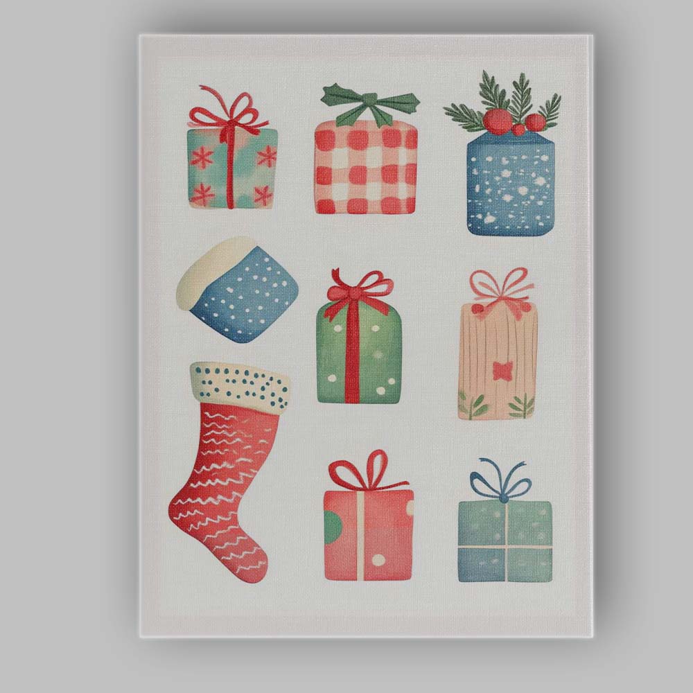 Pastel Christmas Gifts And Stocking Watercolour Festive Clipart Collection Canvas Wall Art Print Decor Picture Ready to Hang