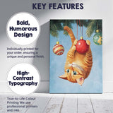 Playful Ginger Tabby Cat Hanging From Christmas Bauble Illustration Canvas Wall Art Print Decor Picture Ready to Hang