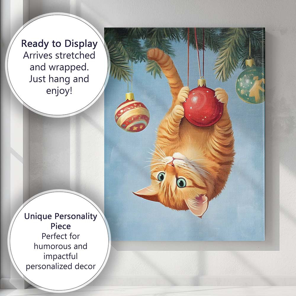 Playful Ginger Tabby Cat Hanging From Christmas Bauble Illustration Canvas Wall Art Print Decor Picture Ready to Hang