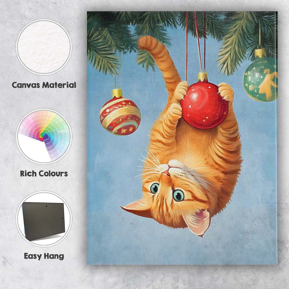 Playful Ginger Tabby Cat Hanging From Christmas Bauble Illustration Canvas Wall Art Print Decor Picture Ready to Hang