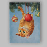 Playful Ginger Tabby Cat Hanging From Christmas Bauble Illustration Canvas Wall Art Print Decor Picture Ready to Hang