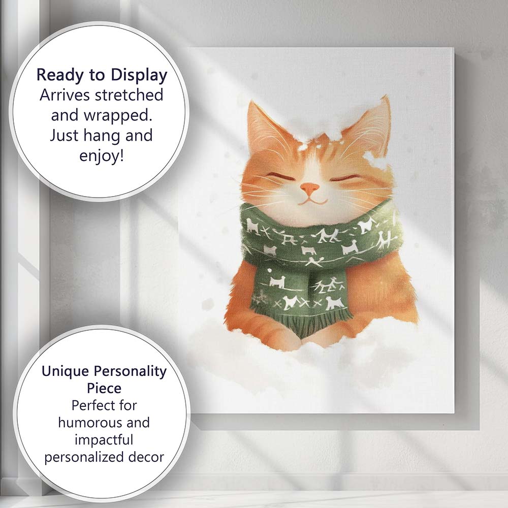 Cosy Sleeping Ginger Kitten In Snow With Green Winter Scarf Canvas Wall Art Print Decor Picture Ready to Hang