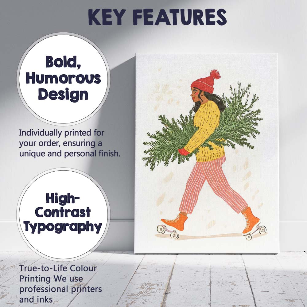 Whimsical Woman Roller Skating With Christmas Tree Branches Illustration Canvas Wall Art Print Decor Picture Ready to Hang