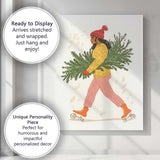 Whimsical Woman Roller Skating With Christmas Tree Branches Illustration Canvas Wall Art Print Decor Picture Ready to Hang