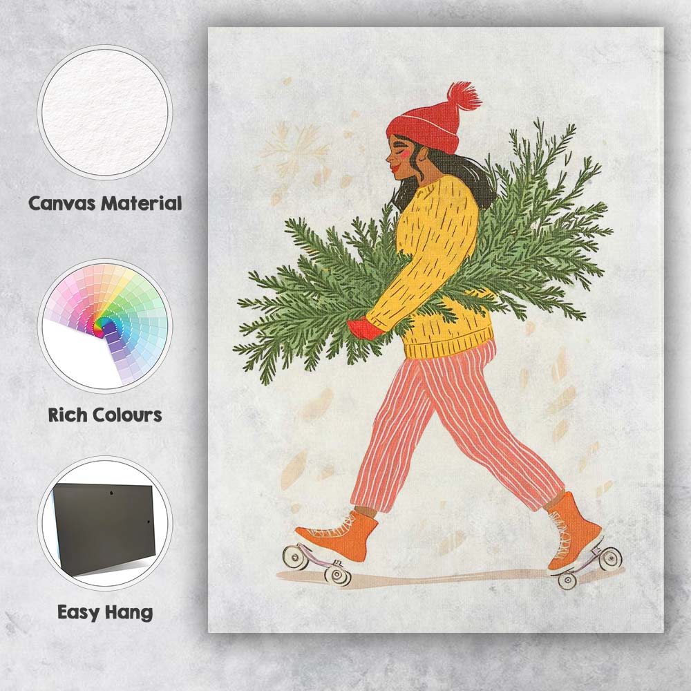Whimsical Woman Roller Skating With Christmas Tree Branches Illustration Canvas Wall Art Print Decor Picture Ready to Hang