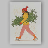 Whimsical Woman Roller Skating With Christmas Tree Branches Illustration Canvas Wall Art Print Decor Picture Ready to Hang