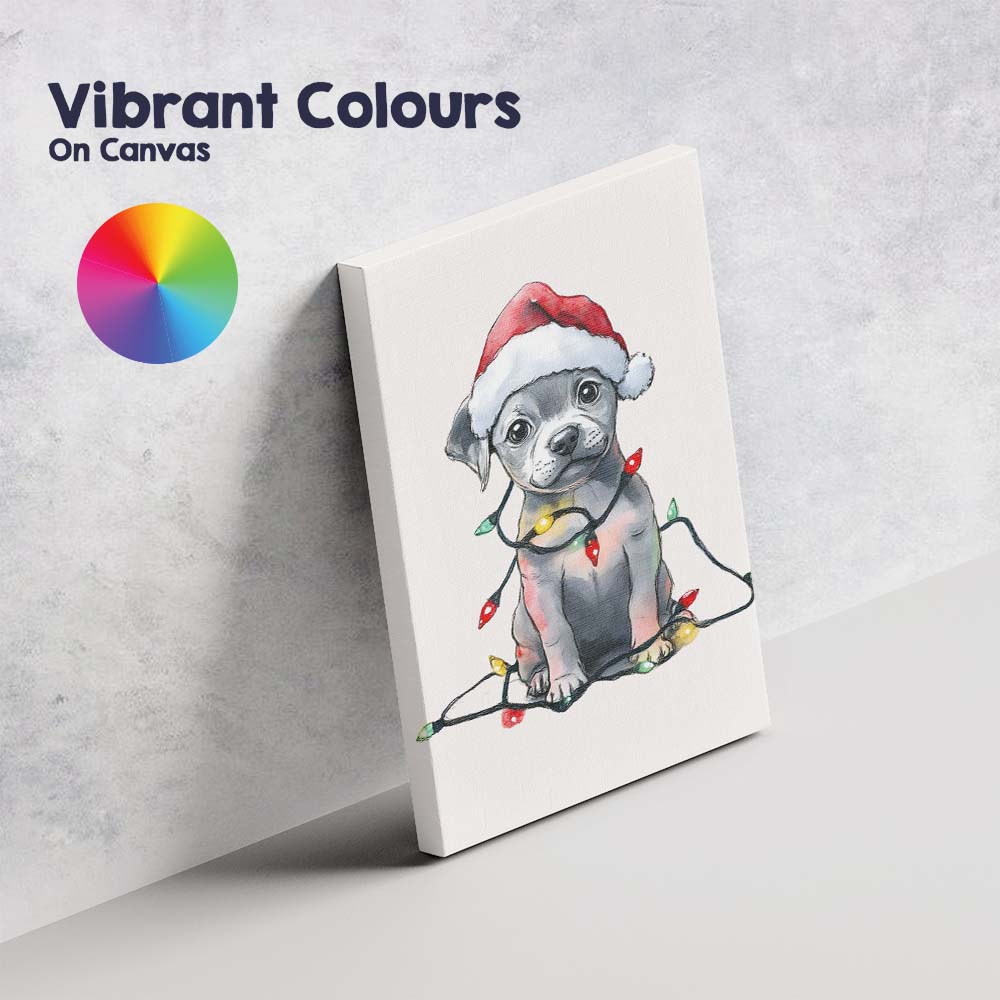 Cute Christmas Puppy Wearing Santa Hat With Festive Fairy Lights Canvas Wall Art Print Decor Picture Ready to Hang