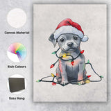 Cute Christmas Puppy Wearing Santa Hat With Festive Fairy Lights Canvas Wall Art Print Decor Picture Ready to Hang