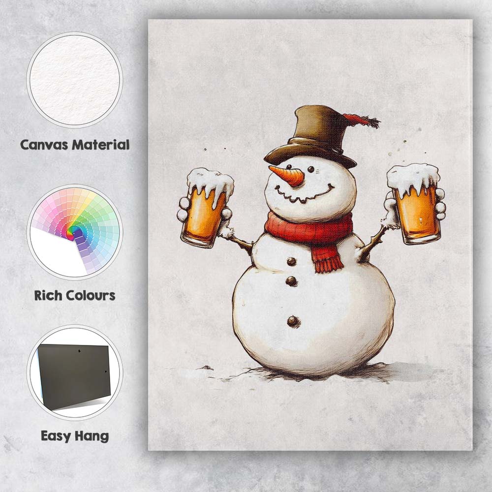 Cheerful Snowman Holding Frothy Beer Glasses Winter Humour Canvas Wall Art Print Decor Picture Ready to Hang