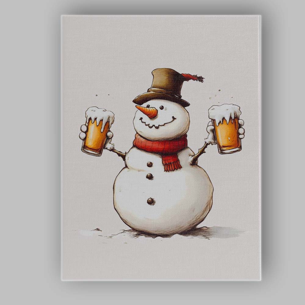 Cheerful Snowman Holding Frothy Beer Glasses Winter Humour Canvas Wall Art Print Decor Picture Ready to Hang