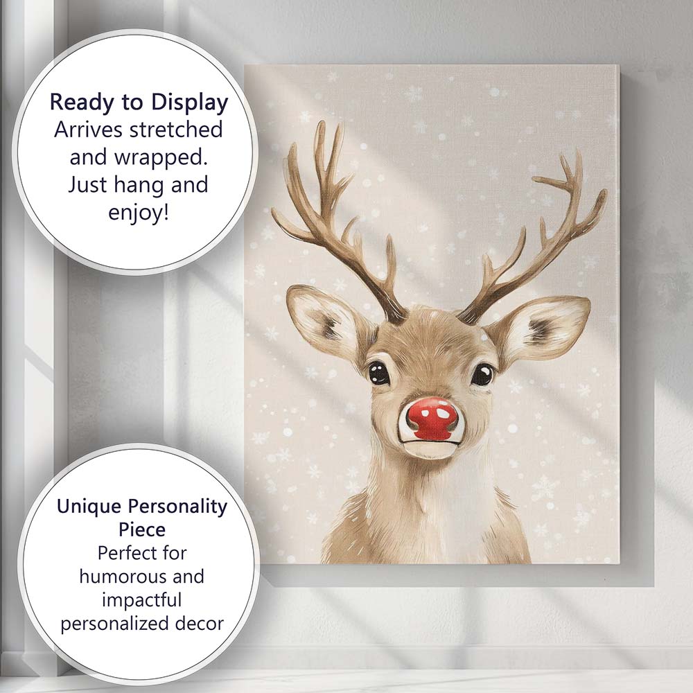 Watercolour Reindeer Portrait With Red Nose Christmas Illustration Canvas Wall Art Print Decor Picture Ready to Hang
