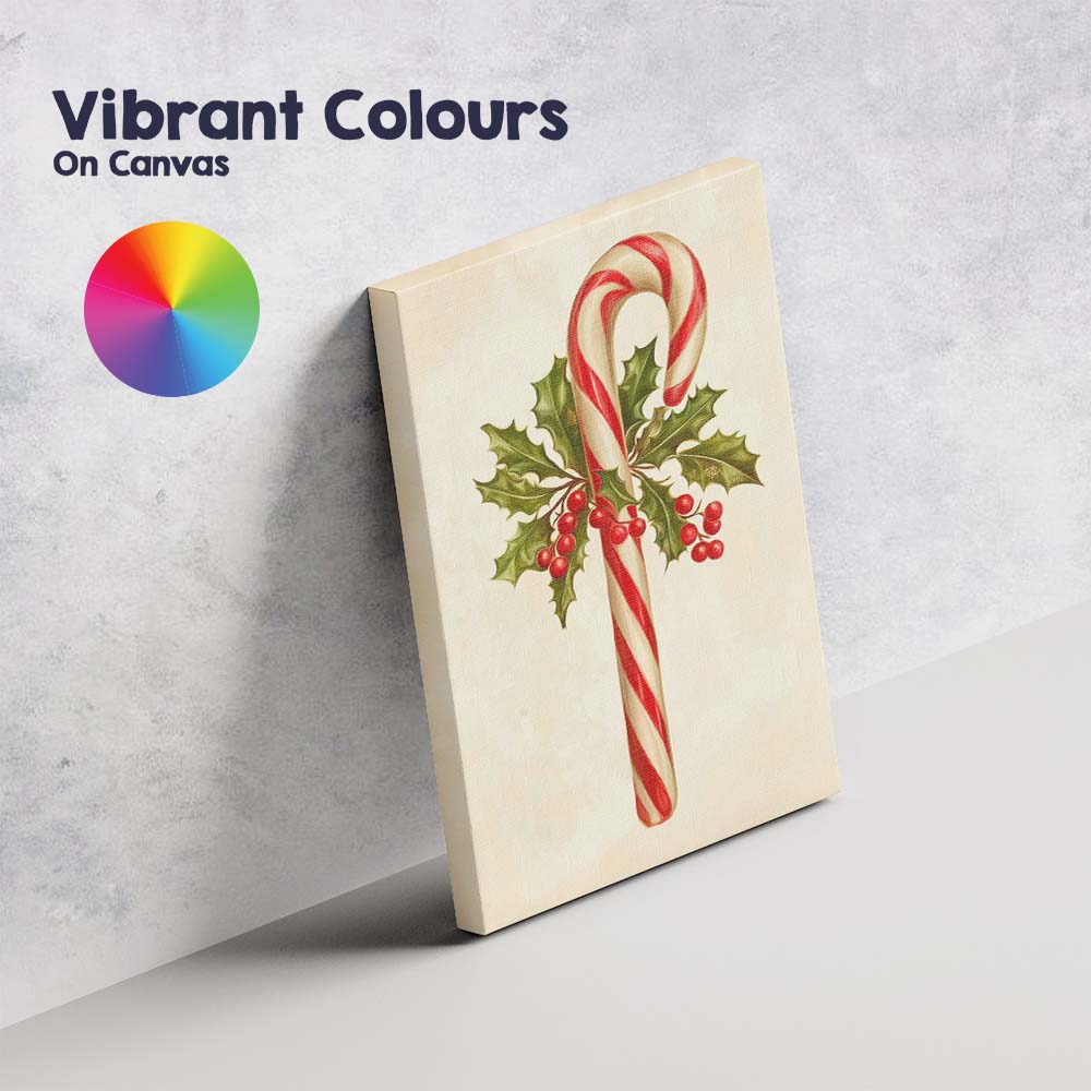 Traditional Candy Cane With Holly Leaves And Red Berries Christmas Illustration Canvas Wall Art Print Decor Picture Ready to Hang