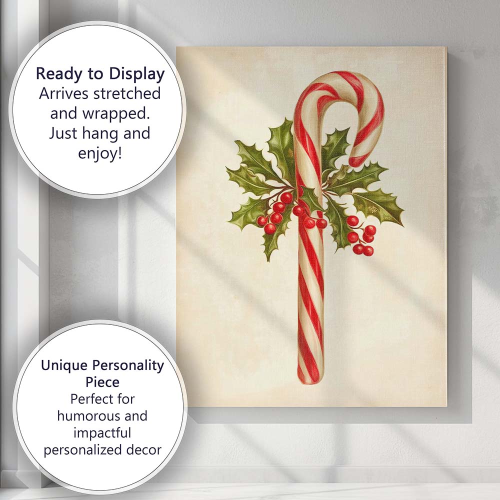 Traditional Candy Cane With Holly Leaves And Red Berries Christmas Illustration Canvas Wall Art Print Decor Picture Ready to Hang