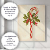 Traditional Candy Cane With Holly Leaves And Red Berries Christmas Illustration Canvas Wall Art Print Decor Picture Ready to Hang