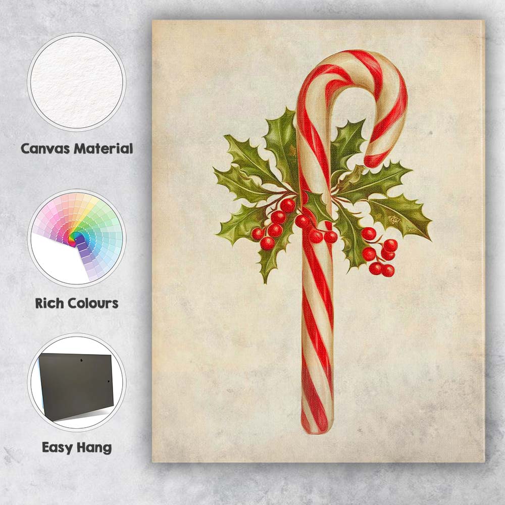 Traditional Candy Cane With Holly Leaves And Red Berries Christmas Illustration Canvas Wall Art Print Decor Picture Ready to Hang