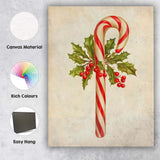 Traditional Candy Cane With Holly Leaves And Red Berries Christmas Illustration Canvas Wall Art Print Decor Picture Ready to Hang