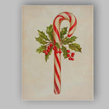 Traditional Candy Cane With Holly Leaves And Red Berries Christmas Illustration Canvas Wall Art Print Decor Picture Ready to Hang