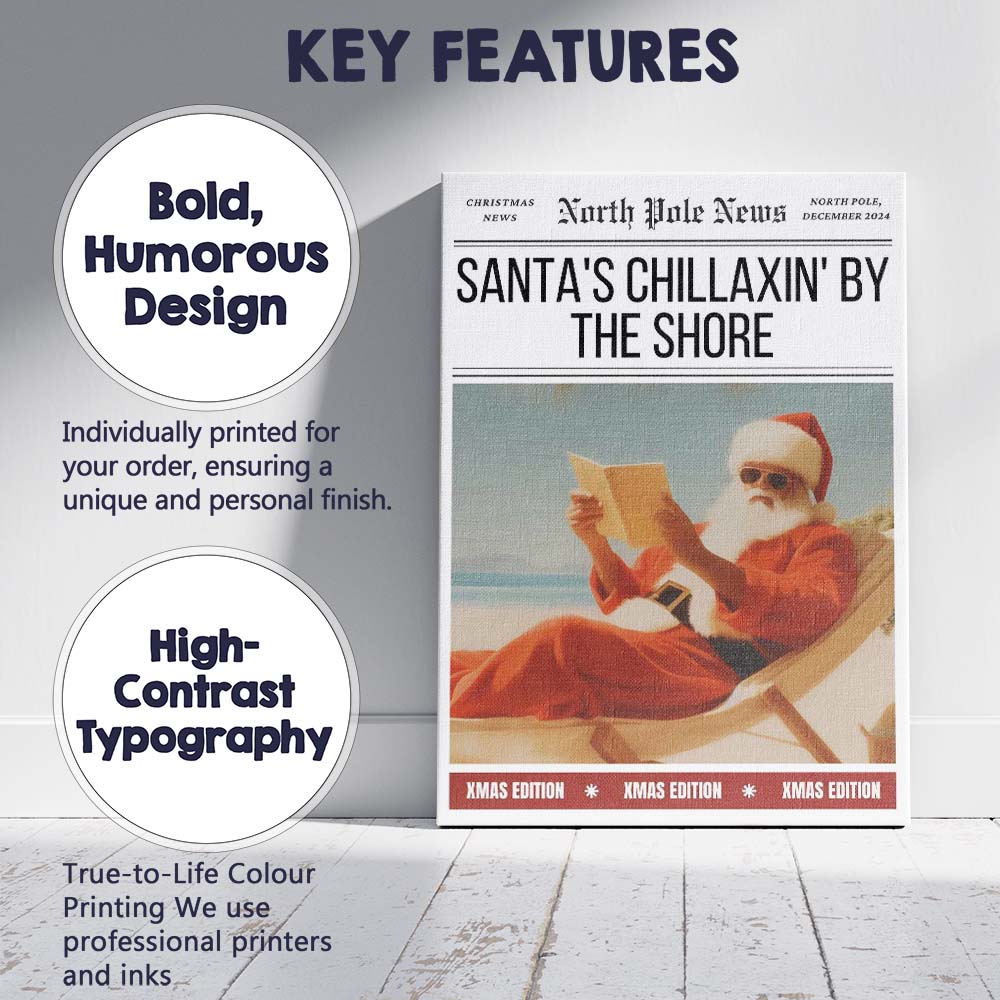 Santa Relaxing On Beach Christmas Newspaper Front Page Canvas Wall Art Print Decor Picture Ready to Hang