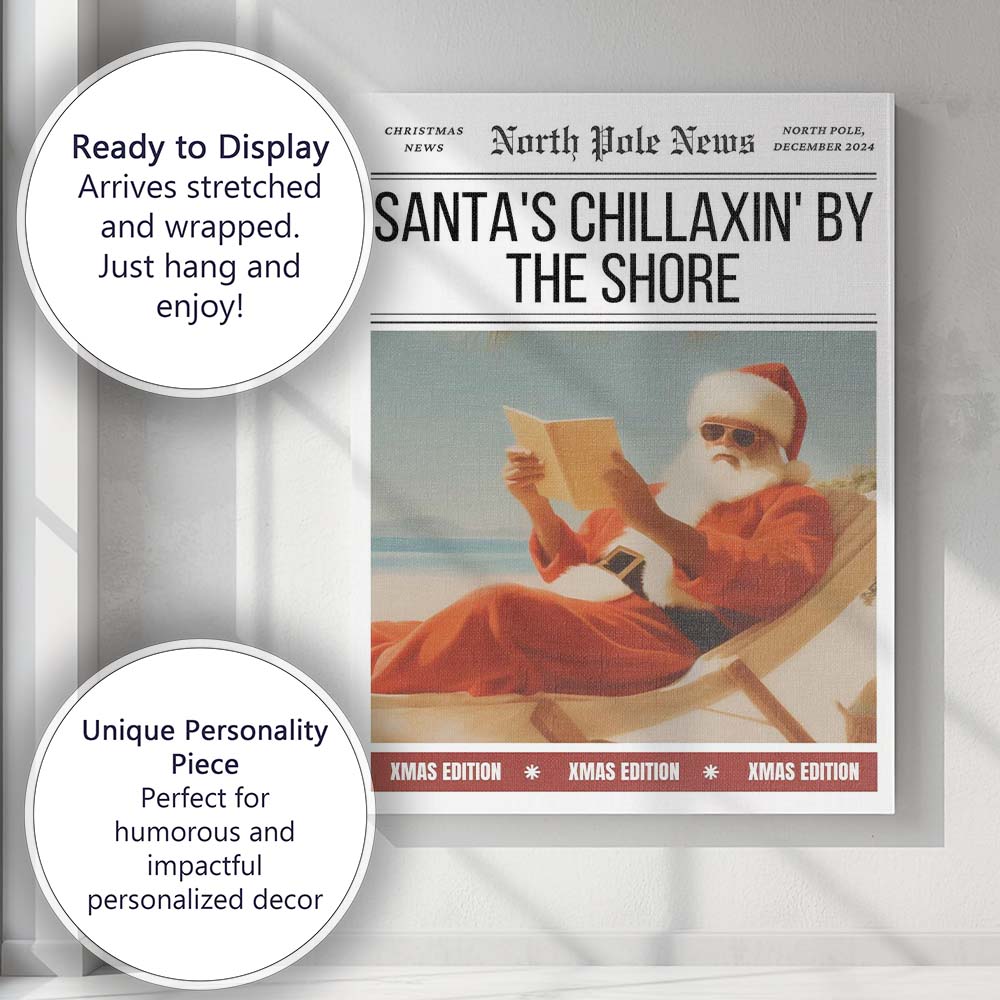 Santa Relaxing On Beach Christmas Newspaper Front Page Canvas Wall Art Print Decor Picture Ready to Hang