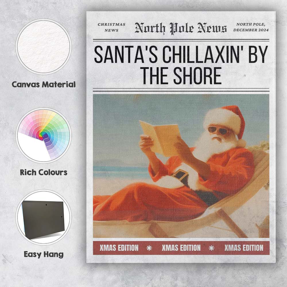 Santa Relaxing On Beach Christmas Newspaper Front Page Canvas Wall Art Print Decor Picture Ready to Hang