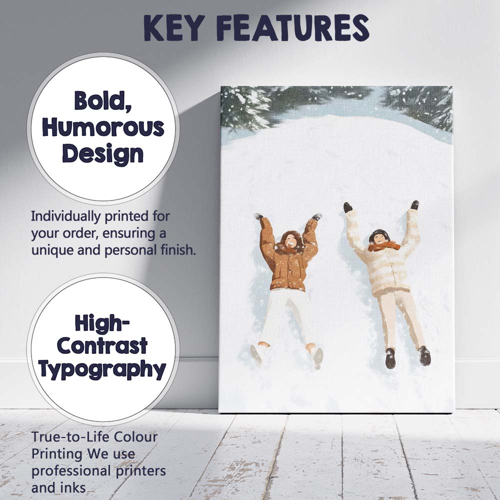 Happy Couple Making Snow Angels Winter Holiday Illustration Canvas Wall Art Print Decor Picture Ready to Hang