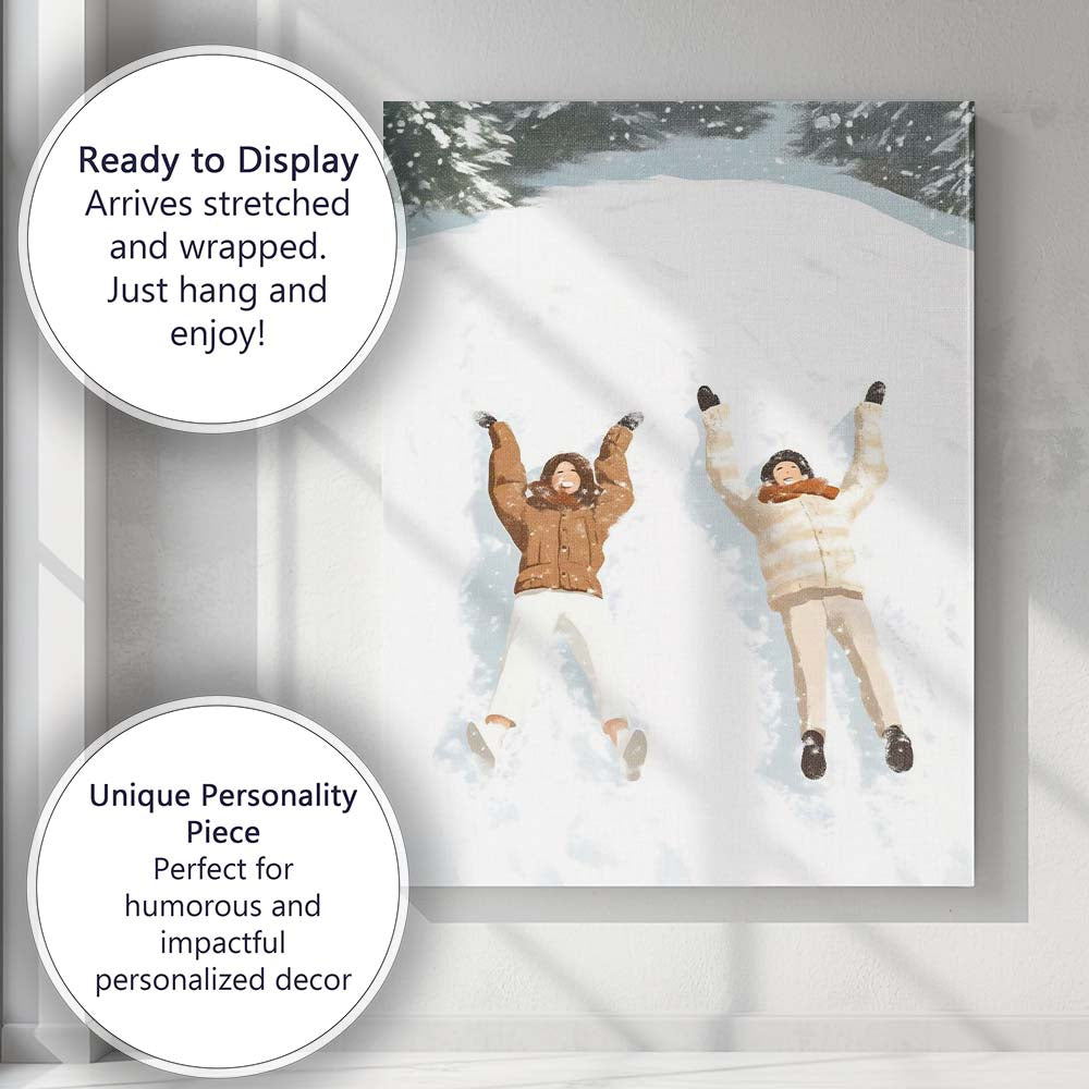 Happy Couple Making Snow Angels Winter Holiday Illustration Canvas Wall Art Print Decor Picture Ready to Hang