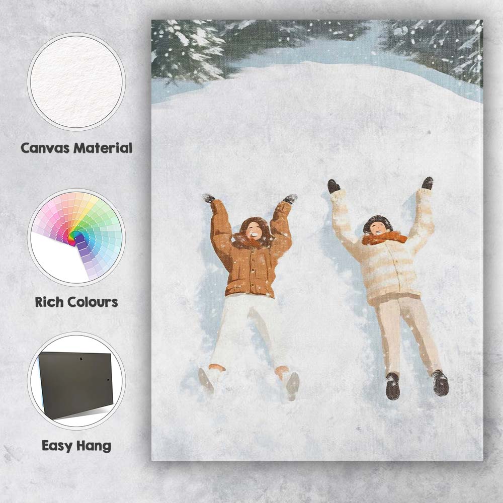 Happy Couple Making Snow Angels Winter Holiday Illustration Canvas Wall Art Print Decor Picture Ready to Hang